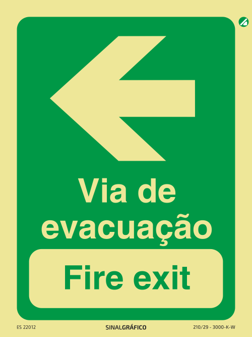 Placa de sinalética fotoluminescente - Via de evacuação à esquerda - Fire exit PT/ENG ←
