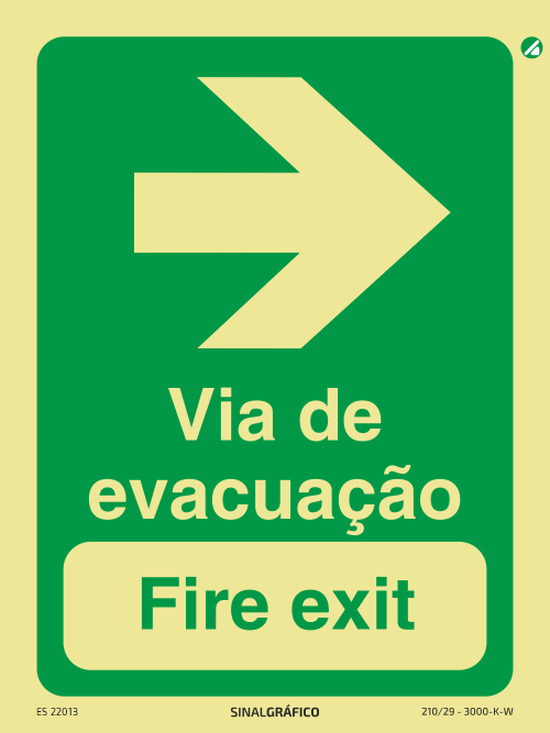 Placa de sinalética fotoluminescente - Via de evacuação à direita - Fire exit PT/ENG →