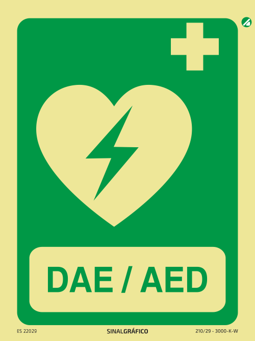 Placa de sinalética fotoluminescente - DAE/AED Desfibrilhador automático externo/automatic external defibrillator PT/ENG