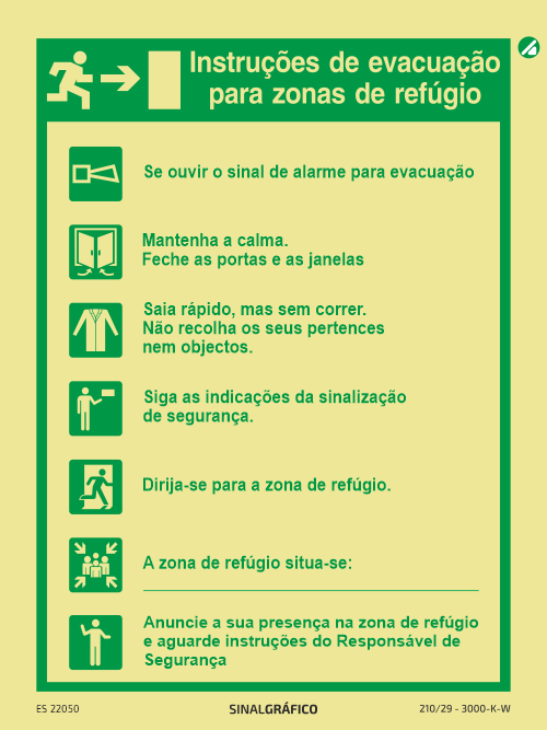Placa de sinalética fotoluminescente - Instruções de evacuação para zonas de refúgio