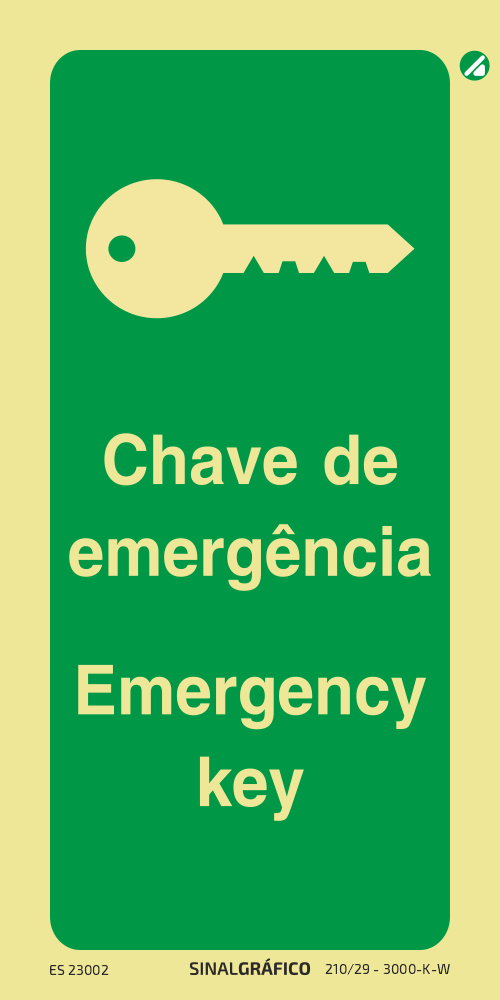 Placa de sinalética fotoluminescente - Chave de emergência - Emergency key PT-ENG (vertical)