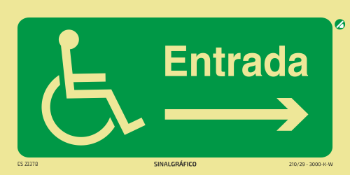 Placa de sinalética fotoluminescente - Entrada para cadeira de rodas à direita →