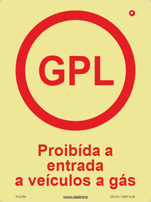 Placa de sinalética fotoluminescente  -  Proibida a entrada a veículos a gás (GPL)