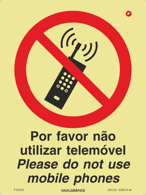 Placa de sinalética fotoluminescente -  Por favor não utilizar telemóvel - Please do not use mobile phones PT/ENG