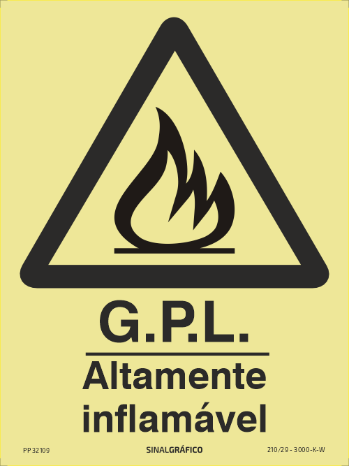 Placa de sinalética fotoluminescente  – Perigo GPL altamente inflamável