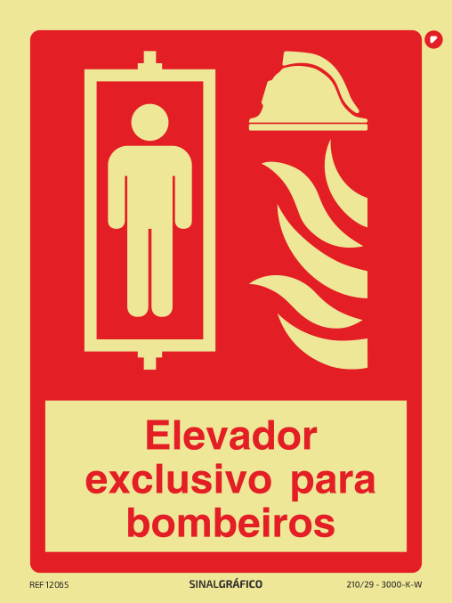 Placa de sinalética fotoluminescente  - Elevador exclusivo para bombeiros