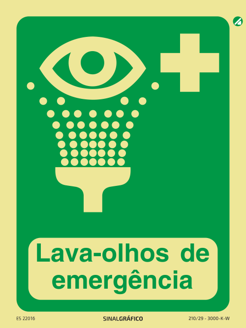 Placa de sinalética fotoluminescente - Lava olhos de emergência