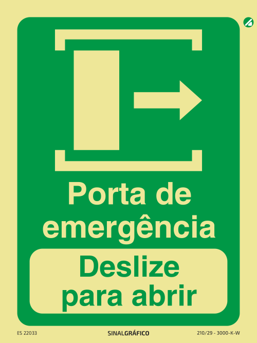 Placa de sinalética fotoluminescente - Porta de emergência - Deslizar para a direita para abrir