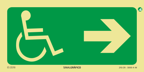 Placa de sinalética - Saída de emergência para deficientes à direita →
