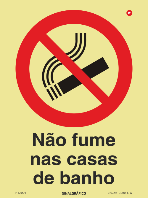 Placa de sinalética fotoluminescente -  Não fume nas casas de banho