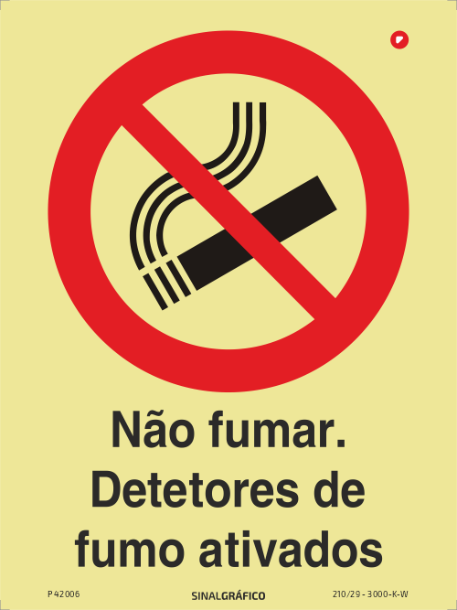 Placa de sinalética fotoluminescente -  Não fumar. Detetores de fumo ativados