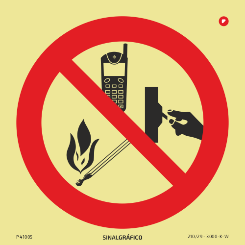 Placa de sinalética - Proibido foguear ou acionar dispositivos elétricos ou eletrónicos