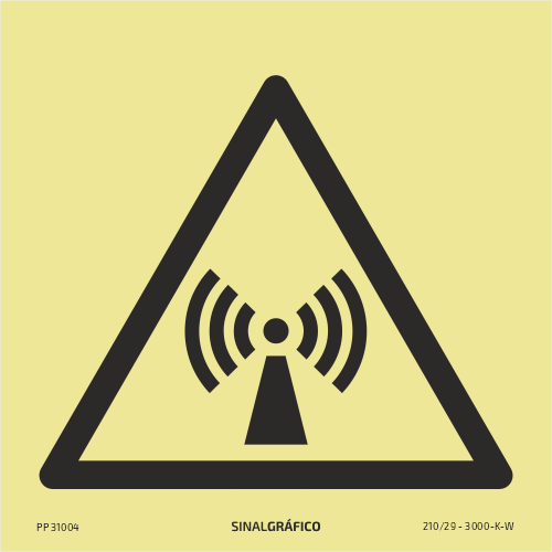Placa de sinalética fotoluminescente – Perigo / Atenção radiações não ionizantes