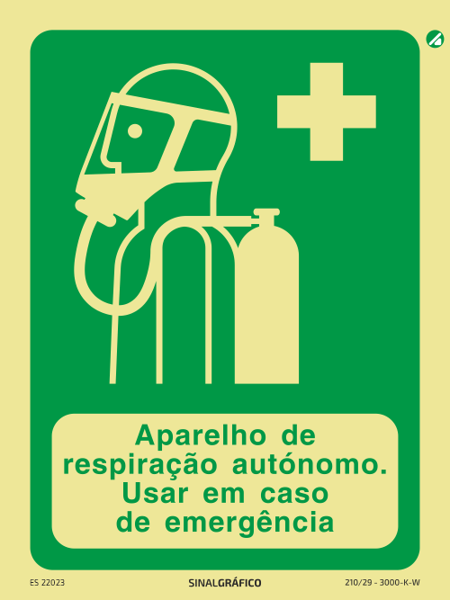 Placa de sinalética fotoluminescente - Aparelho de respiração autónoma - Usar em caso de emergência Criaconsensos - Serviços Gráficos e Publicidade