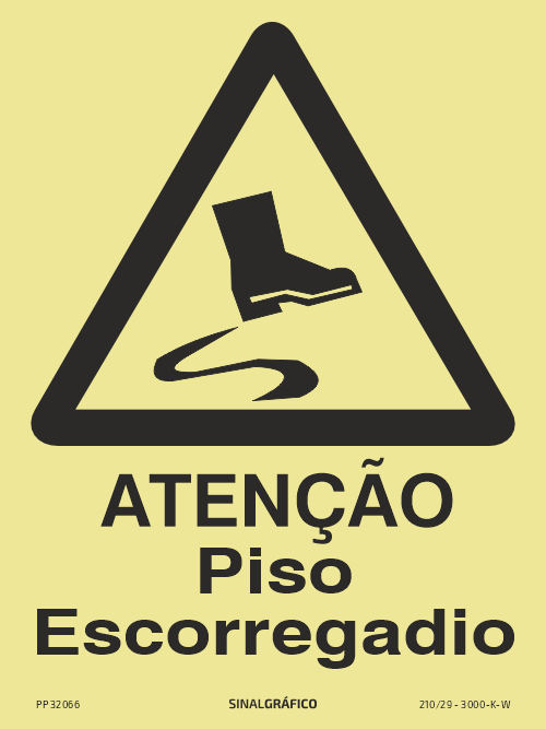 Placa de sinalética fotoluminescente – Atenção - Piso escorregadio Criaconsensos - Serviços Gráficos e Publicidade