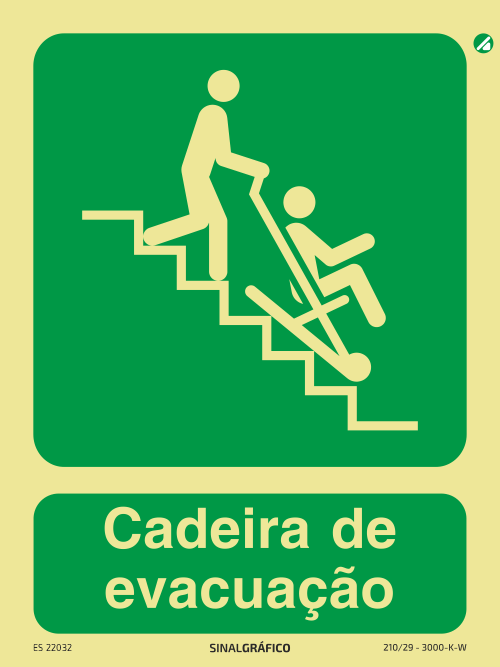 Placa de sinalética fotoluminescente - Cadeira de evacuação Criaconsensos - Serviços Gráficos e Publicidade