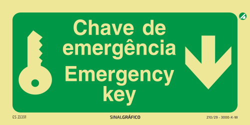 Placa de sinalética fotoluminescente - Chave de emergência aqui - Emergency Key here PT/ENG ↓ Criaconsensos - Serviços Gráficos e Publicidade