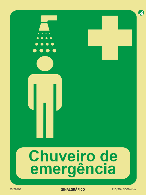 Placa de sinalética fotoluminescente - Chuveiro de emergência Criaconsensos - Serviços Gráficos e Publicidade