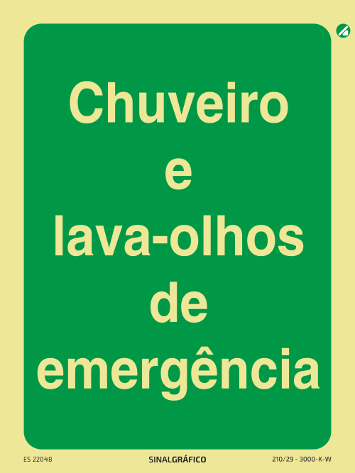 Placa de sinalética fotoluminescente - Chuveiro e lava-olhos de emergência Criaconsensos - Serviços Gráficos e Publicidade