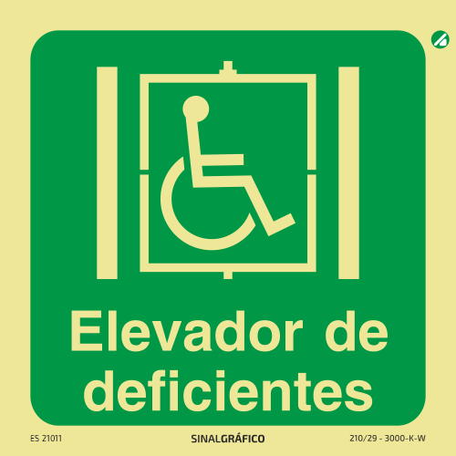 Placa de sinalética fotoluminescente - Elevador de deficientes Criaconsensos - Serviços Gráficos e Publicidade