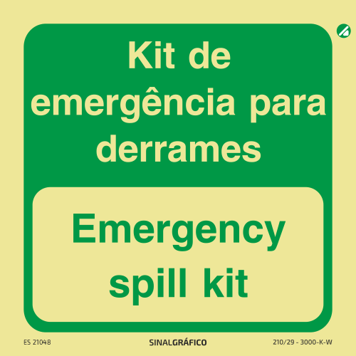 Placa de sinalética fotoluminescente - Kit de emergência para derrames - Emergency spill kit PT/ENG Criaconsensos - Serviços Gráficos e Publicidade