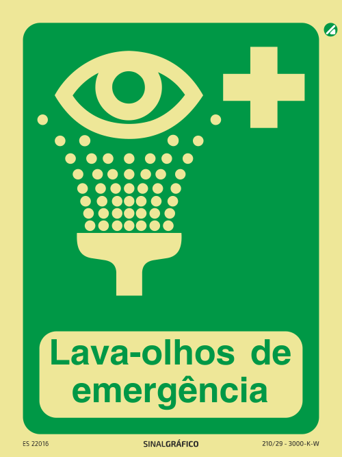 Placa de sinalética fotoluminescente - Lava olhos de emergência Criaconsensos - Serviços Gráficos e Publicidade