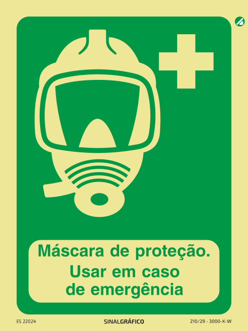 Placa de sinalética fotoluminescente - Máscara de proteção - Usar em caso de emergência Criaconsensos - Serviços Gráficos e Publicidade