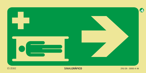 Placa de sinalética fotoluminescente - Maca de emergência à direita → Criaconsensos - Serviços Gráficos e Publicidade