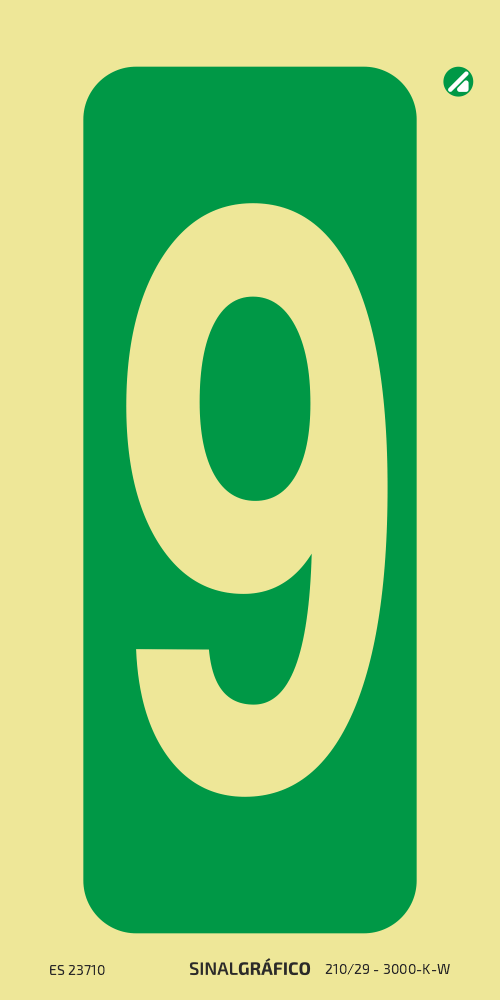 Placa de sinalética fotoluminescente - Número 9 (vertical) Criaconsensos - Serviços Gráficos e Publicidade