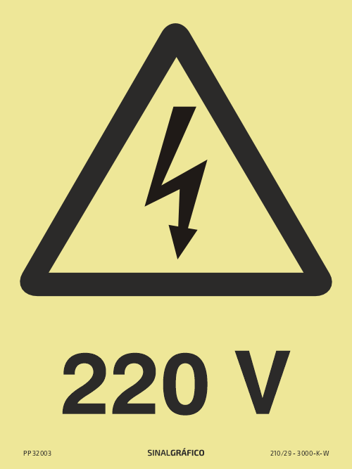 Placa de sinalética fotoluminescente – Perigo 220V Criaconsensos - Serviços Gráficos e Publicidade