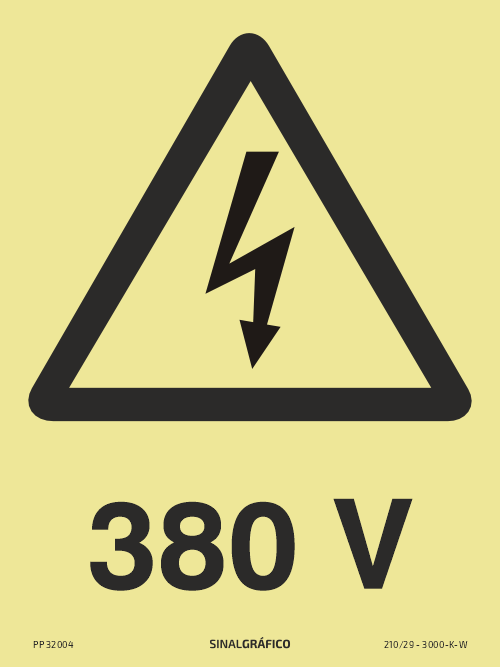 Placa de sinalética fotoluminescente – Perigo 380V Criaconsensos - Serviços Gráficos e Publicidade