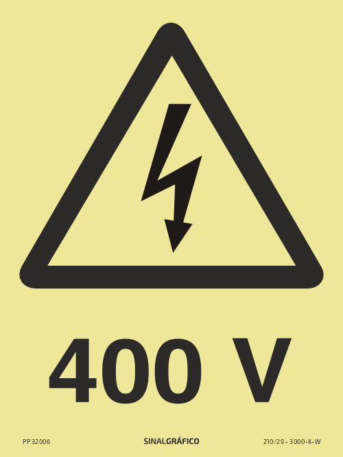 Placa de sinalética fotoluminescente – Perigo 400V Criaconsensos - Serviços Gráficos e Publicidade