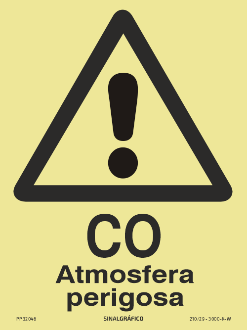 Placa de sinalética fotoluminescente – Perigo CO atmosfera perigosa Criaconsensos - Serviços Gráficos e Publicidade