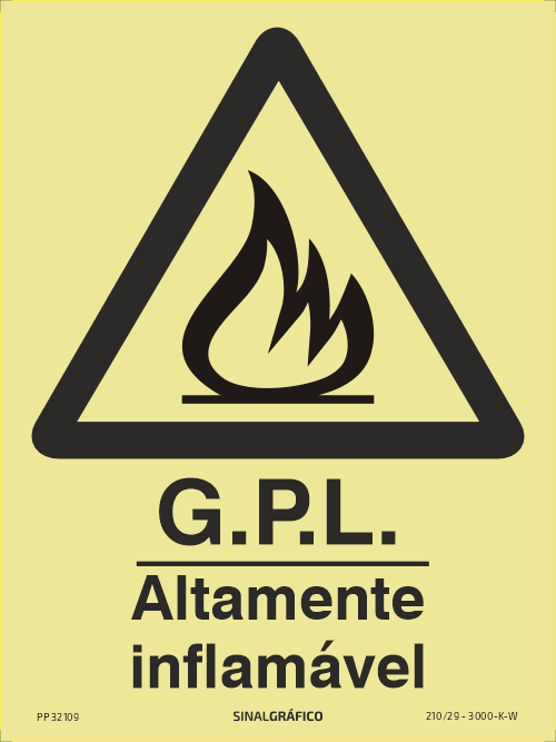 Placa de sinalética fotoluminescente – Perigo GPL altamente inflamável Criaconsensos - Serviços Gráficos e Publicidade