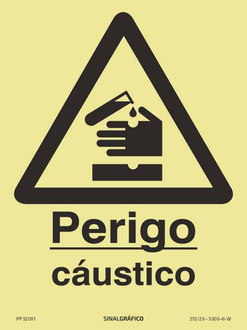 Placa de sinalética fotoluminescente – Perigo cáustico Criaconsensos - Serviços Gráficos e Publicidade