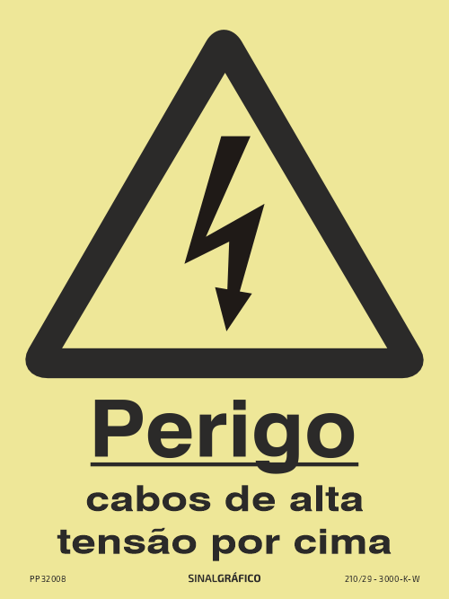 Placa de sinalética fotoluminescente – Perigo cabos de alta tensão por cima Criaconsensos - Serviços Gráficos e Publicidade