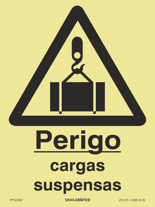 Placa de sinalética fotoluminescente – Perigo cargas suspensas Criaconsensos - Serviços Gráficos e Publicidade