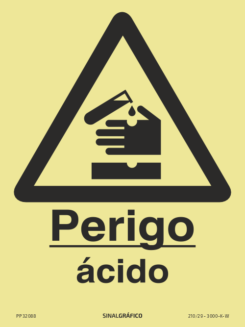 Placa de sinalética fotoluminescente – Perigo Ácido Criaconsensos - Serviços Gráficos e Publicidade