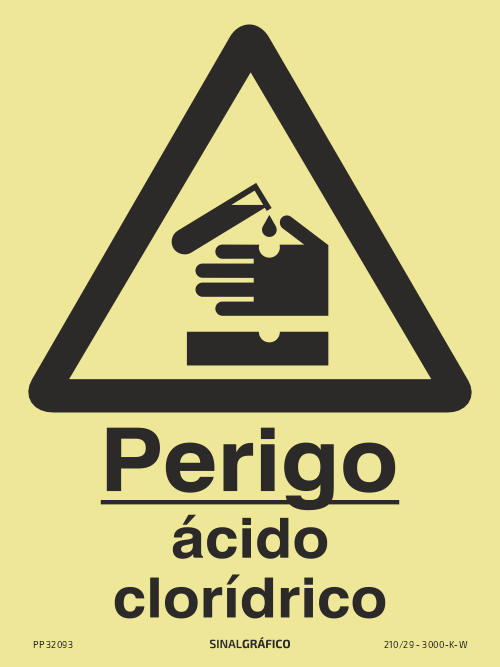 Placa de sinalética fotoluminescente – Perigo ácido clorídrico Criaconsensos - Serviços Gráficos e Publicidade