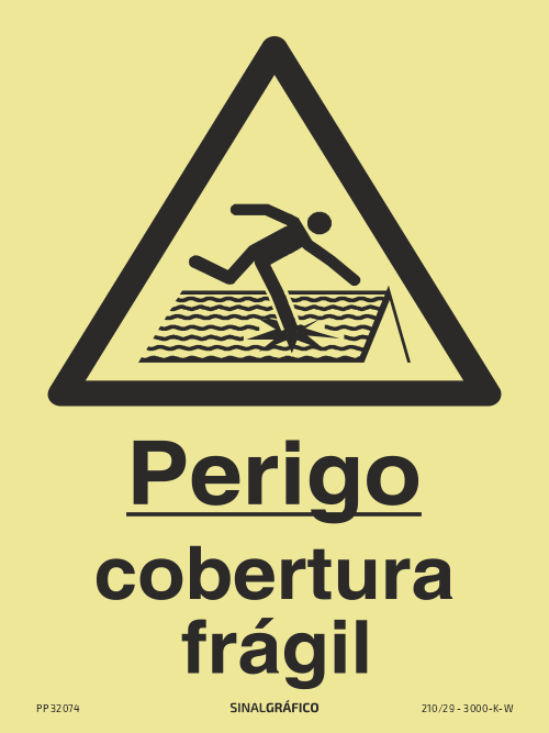 Placa de sinalética fotoluminescente – Perigo cobertura frágil Criaconsensos - Serviços Gráficos e Publicidade