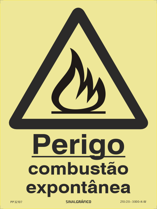 Placa de sinalética fotoluminescente – Perigo combustão espontânea Criaconsensos - Serviços Gráficos e Publicidade