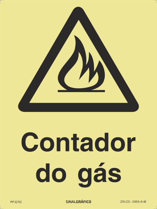 Placa de sinalética fotoluminescente – Perigo contador do gás Criaconsensos - Serviços Gráficos e Publicidade