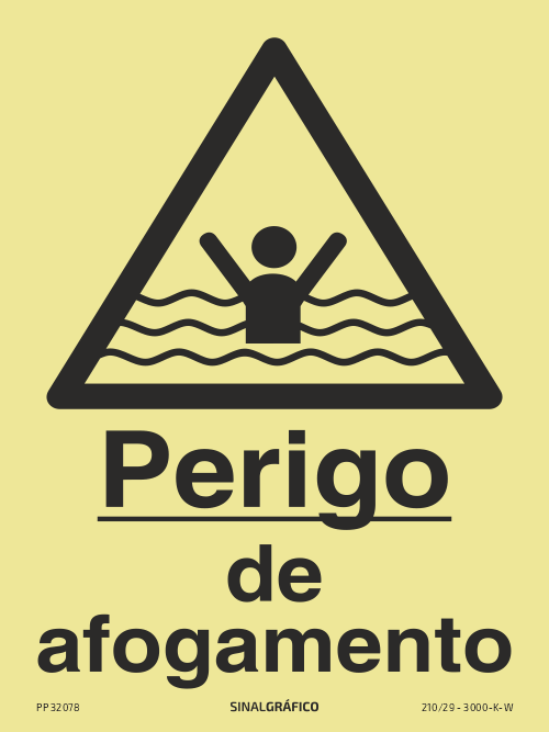 Placa de sinalética fotoluminescente – Perigo de afogamento Criaconsensos - Serviços Gráficos e Publicidade