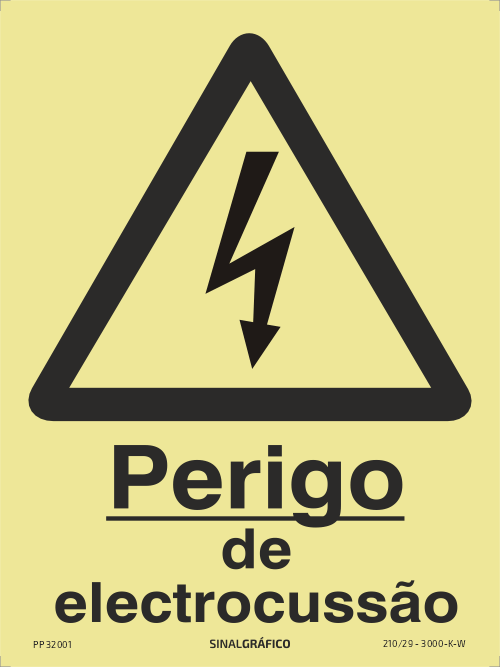 Placa de sinalética fotoluminescente – Perigo de eletrocussão Criaconsensos - Serviços Gráficos e Publicidade