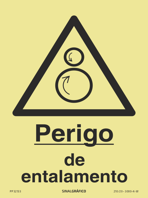 Placa de sinalética fotoluminescente – Perigo de entalamento Criaconsensos - Serviços Gráficos e Publicidade