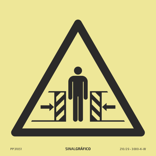 Placa de sinalética fotoluminescente – Perigo de esmagamento Criaconsensos - Serviços Gráficos e Publicidade