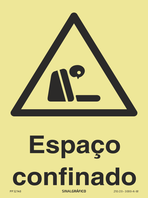 Placa de sinalética fotoluminescente – Perigo espaço confinado Criaconsensos - Serviços Gráficos e Publicidade