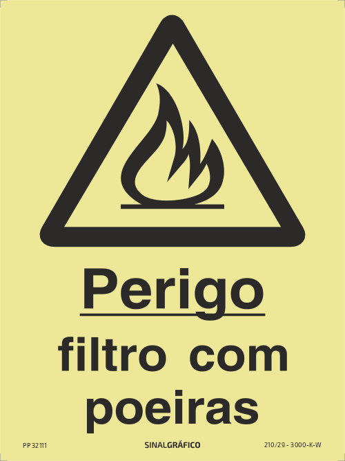 Placa de sinalética fotoluminescente –Perigo filtro com poeiras Criaconsensos - Serviços Gráficos e Publicidade