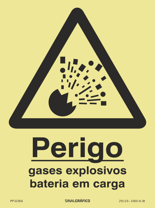 Placa de sinalética fotoluminescente – Perigo gases explosivos - baterias em carga Criaconsensos - Serviços Gráficos e Publicidade