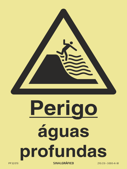 Placa de sinalética fotoluminescente – Perigo águas profundas Criaconsensos - Serviços Gráficos e Publicidade